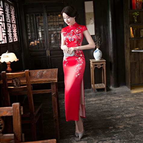 2018 Red Qipao Sexy Long Cheongsam Dress Traditional Chinese Oriental