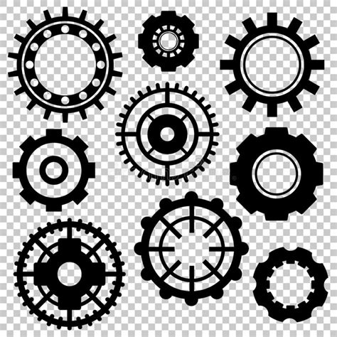 Black Gear Wheel Icon Set On Transparent Background Technological Or