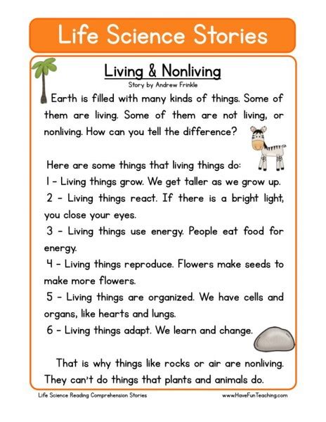 Kids will be answering the questions after going through the passage and improve or test their reading comprehension skills. Reading Comprehension Worksheet - Living & Nonliving