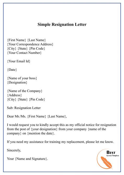 resignation letter template word doc collection
