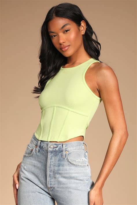 Lime Green Crop Top Corset Seamed Top Faux Underwire Crop Top Lulus