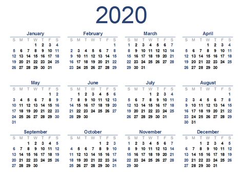 2020 One Page Calendar Printable Calendar 2020
