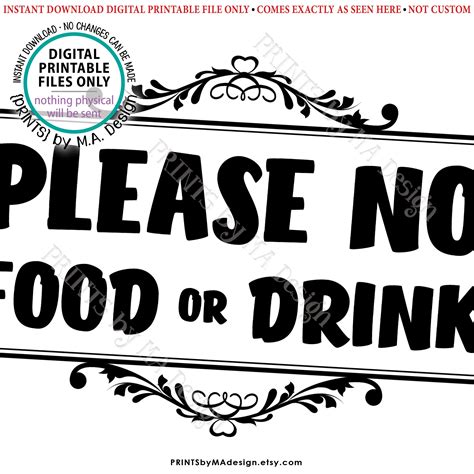 Please No Food Or Drink Sign Keep Food Out Printable 5x7 Black