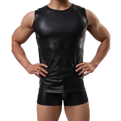 Pu Leather Tank Top For Men Summer Crop Top Sleeveless Fitness Clothing