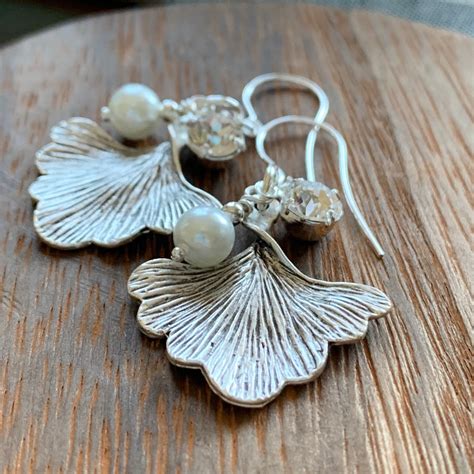 Silver Ginkgo Leaf Earrings With Swarovski Crystals And Pearls Etsy