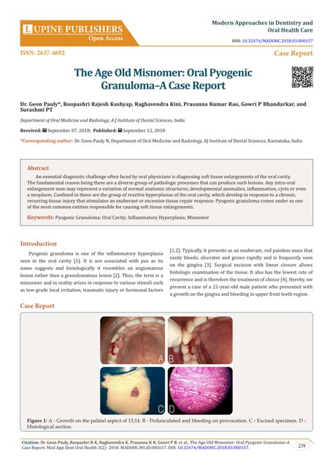 Pdf The Age Old Misnomer Oral Pyogenic Granulomaa Case Report