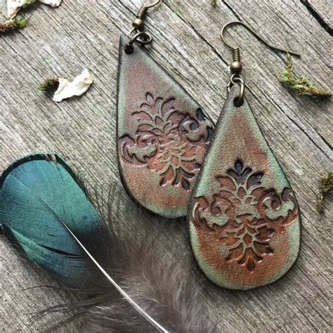 Hand Tooled Floral Rustic Teal Blue Leather Teardrop Earrings