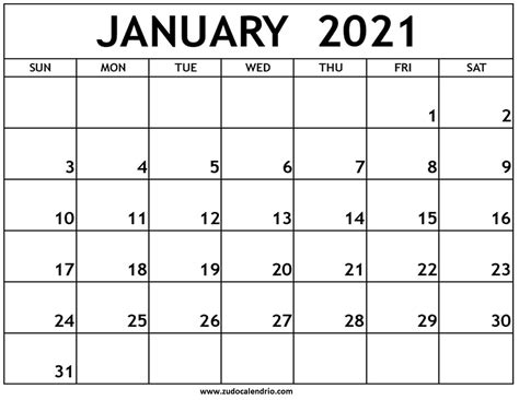Blank January 2021 Calendar Printable Zudocalendrio
