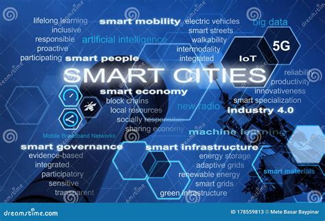 Smart Cities Infographic With Smart City Domains And Telecom Tower And