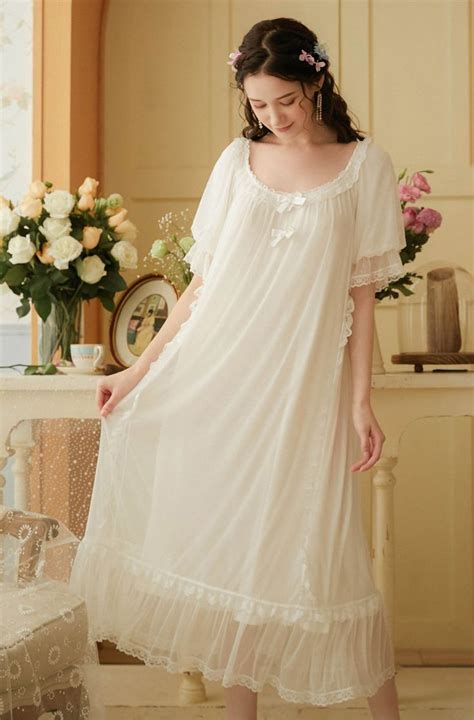 Romantic Long Night Dress Women Fairy Mesh Modal Sleepwear Princess