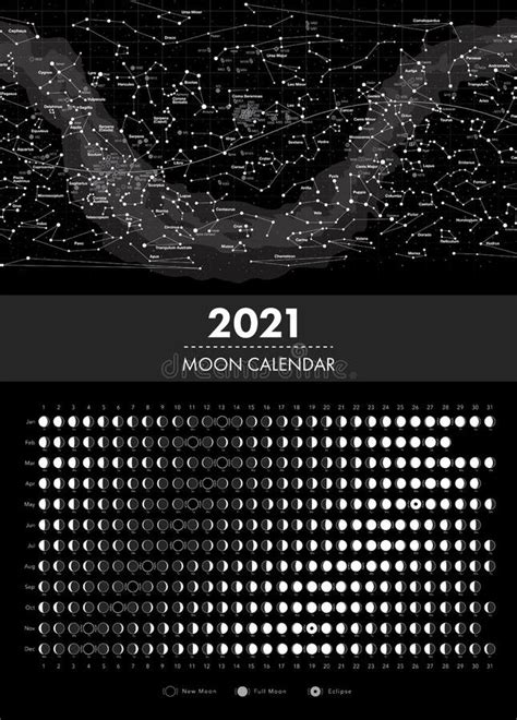 2021 Moon Phases Calendar And Equatorial Star Map Vector Stock Vector