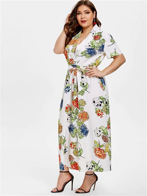 Wipalo Women Plus Size Floral Print Mid Calf Belted Dress Sexy Lapel