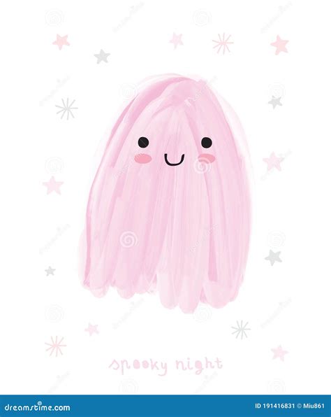 Funny Hand Drawn Halloween Vector Illustration With Sweet Pink Ghost