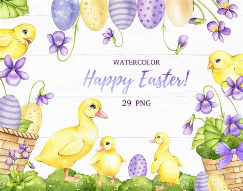 Watercolor Easter Clipart Digital Easter Eggs Cute Chickens Etsy Uk
