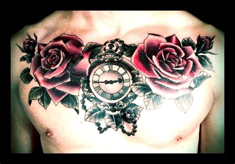 Roses Rose Buds And Ornate Pocket Watch Chest Piece Tattoo On An