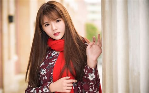 Photos Brown Haired Scarf Blurred Background Girls Asiatic 3840x2400