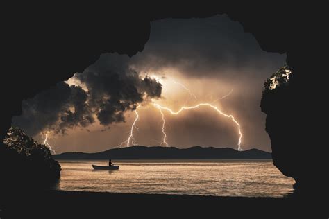 Landscape Storm Rays Sea Clouds Cave Fantasy 4k