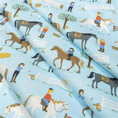Horse Fabric Horse Riding Print Cotton Farm Animal Print Blue Textile