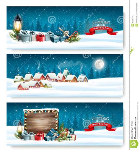 Three Holiday Christmas Banners With A Winter Village Stock Vector