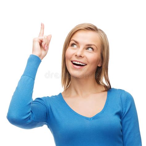 smiling woman pointing her finger up stock image image of copy finger 41963869