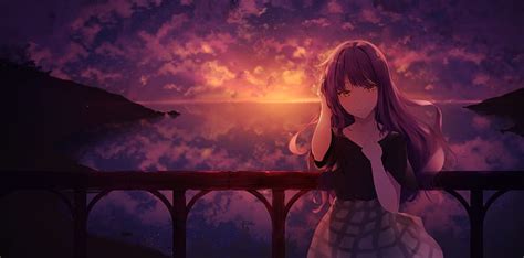 720p Free Download Anime Girl Sunset Clouds Long Hair Balcony