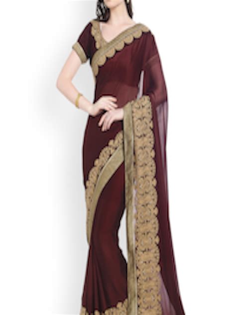 Buy Indian Women Maroon Embellished Pure Chiffon Saree Sarees For Women 2240654 Myntra