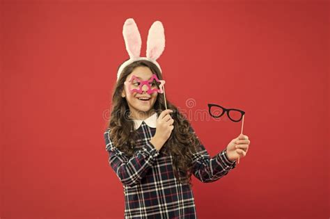 Feeling Joy About Holiday Little Cute Bunny Portrait Of Child With