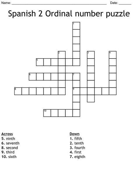 Spanish 2 Ordinal Number Puzzle Crossword Wordmint