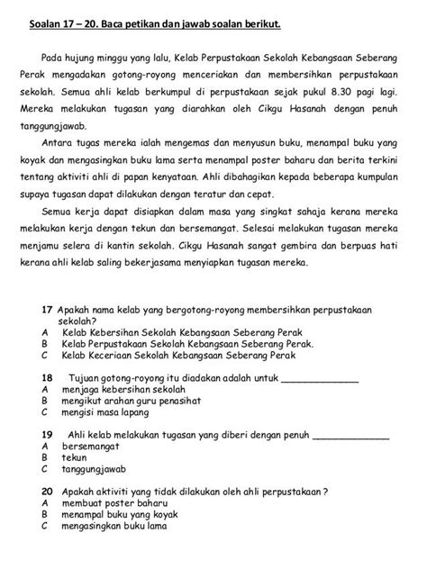 Sepanjang tahun ini, persatuan pencinta alam bercadang untuk mengadakan pelbagai. Soalan Pemahaman Bahasa Melayu Tahun 3 | Malay language ...