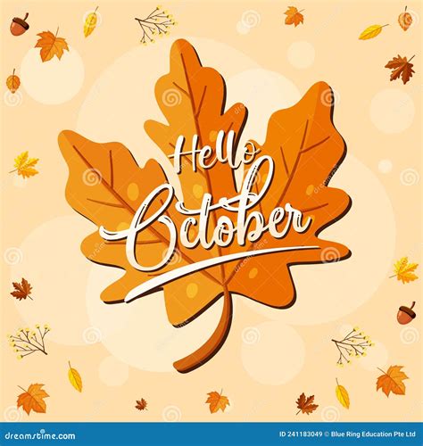 Hello October Logo With Ornamental Autumn Leaf Stock Vector