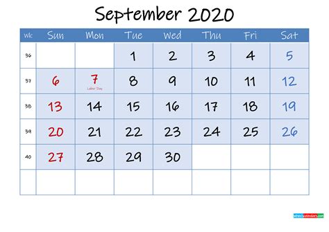 Free Printable September 2020 Calendar Template Ink20m105