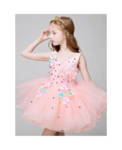 Cute Pink Short Tulle Tutu Flower Girl Dress With Beading