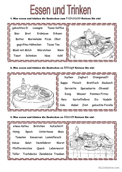 Essen und Trinken Deutsch DAF Arbeitsblätter pdf doc