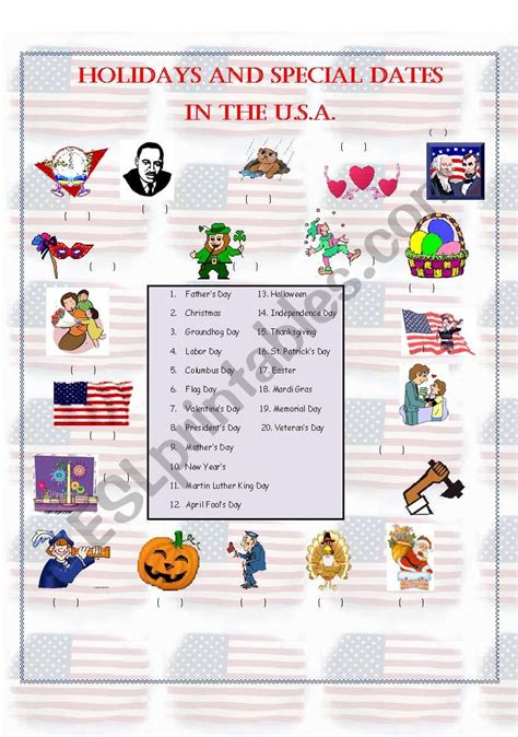 Holidays And Special Dates In The Usa 2 Matching Activity Esl