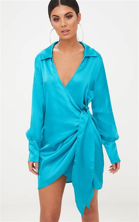 Teal Satin Deep Cuff Wrap Front Shift Dress Prettylittlething Usa