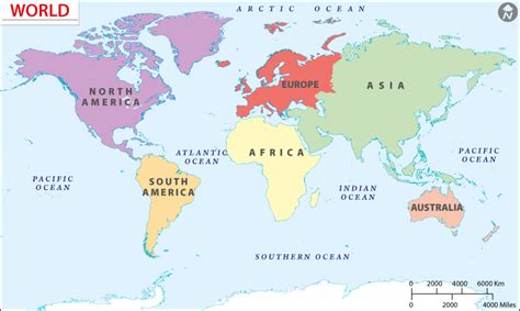 World Map Showing Continents And Oceans