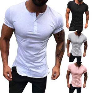 Men Slim Fit Muscle Tee V Neck Tee Short Sleeve Button Shirt Casual