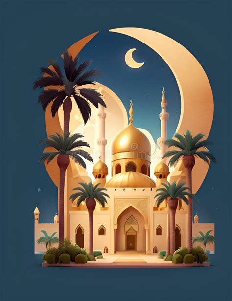 3d Islamic Mosque In Moonlight With A Golden Dome And Palm Trees