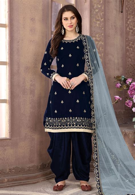 Navy Blue Velvet Embroidered Punjabi Suit Types Of Dresses Patiala Suit Set Dress