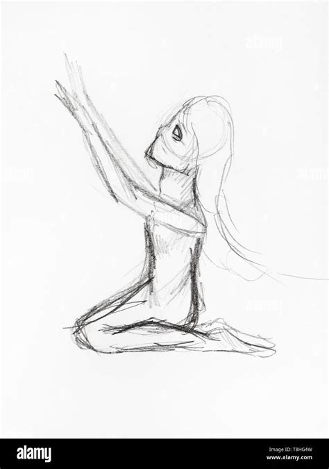 Sketch Of Praying Woman On Knees Hand Drawn By Black Pencil On White