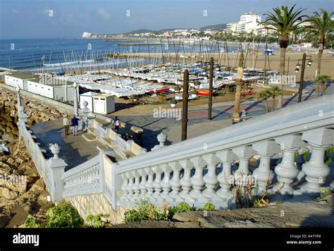 Panoramic View Of The Seafront Beach And Port Of Sitges Catalonia