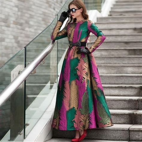 Green Fall Leave Patern Boho Long Sleeves Fashion Dress Floral Jacquard