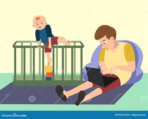 Dad Babysitting With Toddler Funny Cartoon Stock Vector Illustration