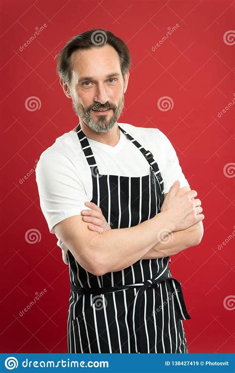 Confident Mature Handsome Man In Apron Red Background He Might Be Baker Gardener Chef Or