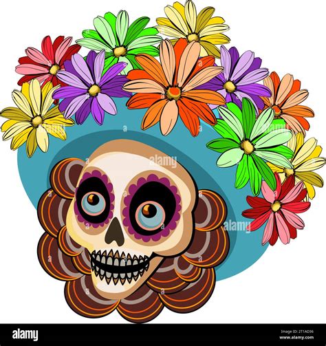 Catrina Is Symbol Of Day Of The Dead Sugar Skull With Hat And Flowers