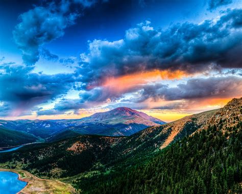 Beautiful Nature Landscape Mountains Forest Lake Clouds Sunset