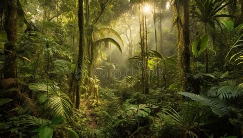 Tropical Rainforest Ferns Grow In Lush Greenery Generated By Ai Stock
