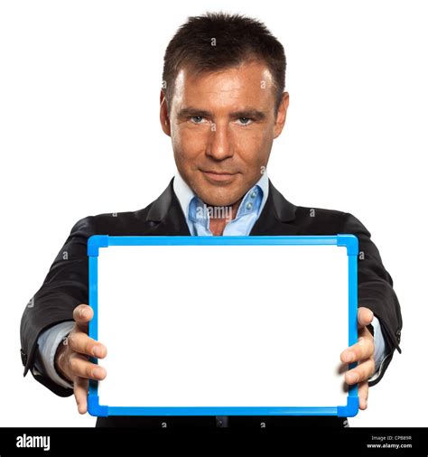 One Caucasian Business Man Holding Showing Whiteboard In Studio