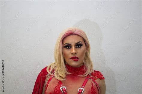 Foto Stock Sensual Hispanic Transgender Wearing Exotic Drag Queen Costume Transsexual Adobe Stock