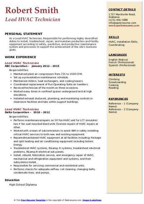 Lead Hvac Technician Resume Samples Qwikresume